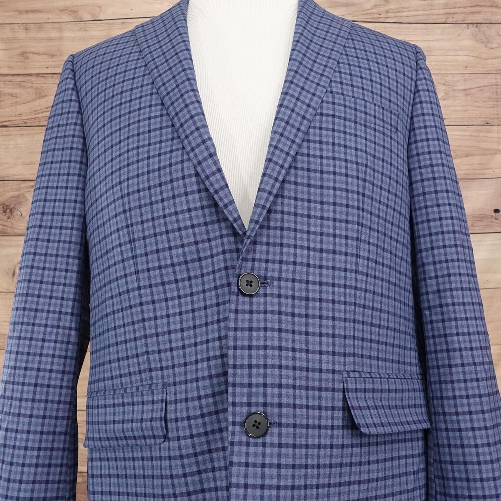 APT.9 Blazer Mens 40R Blue Plaid Polyester Viscose Stretch Sport Coat Jacket